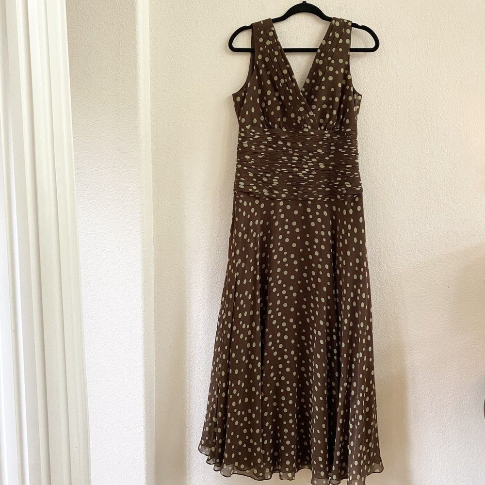Suzi Chin Womens Size 10 Brown Green Polka Dot Empire Waist Silk Dress - Picture 13 of 16